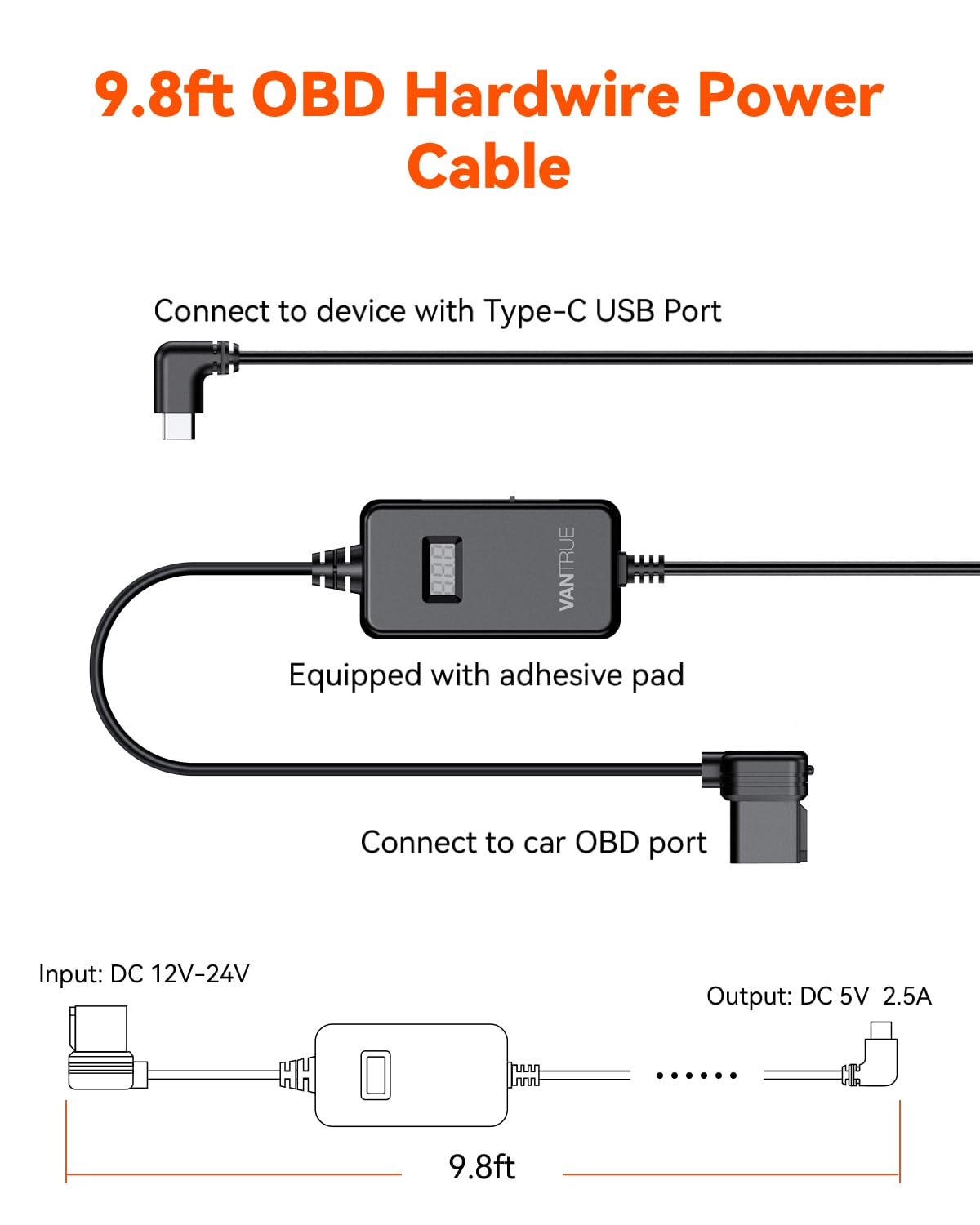 Vantrue OBD Hardwiring Cable for USB-C Dashcams with LCD Screen (See listing).