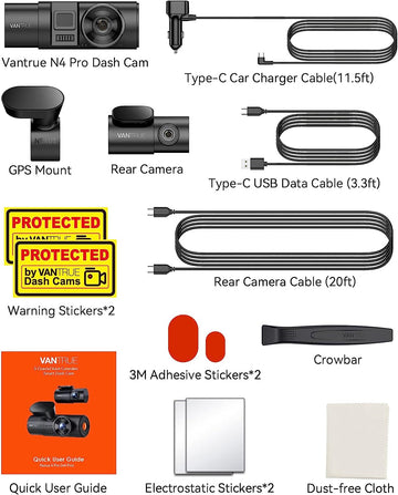 Vantrue N4 Pro 3 Channel 4K WiFi Dash Cam | GPS 4K + 1080P + 1080P.