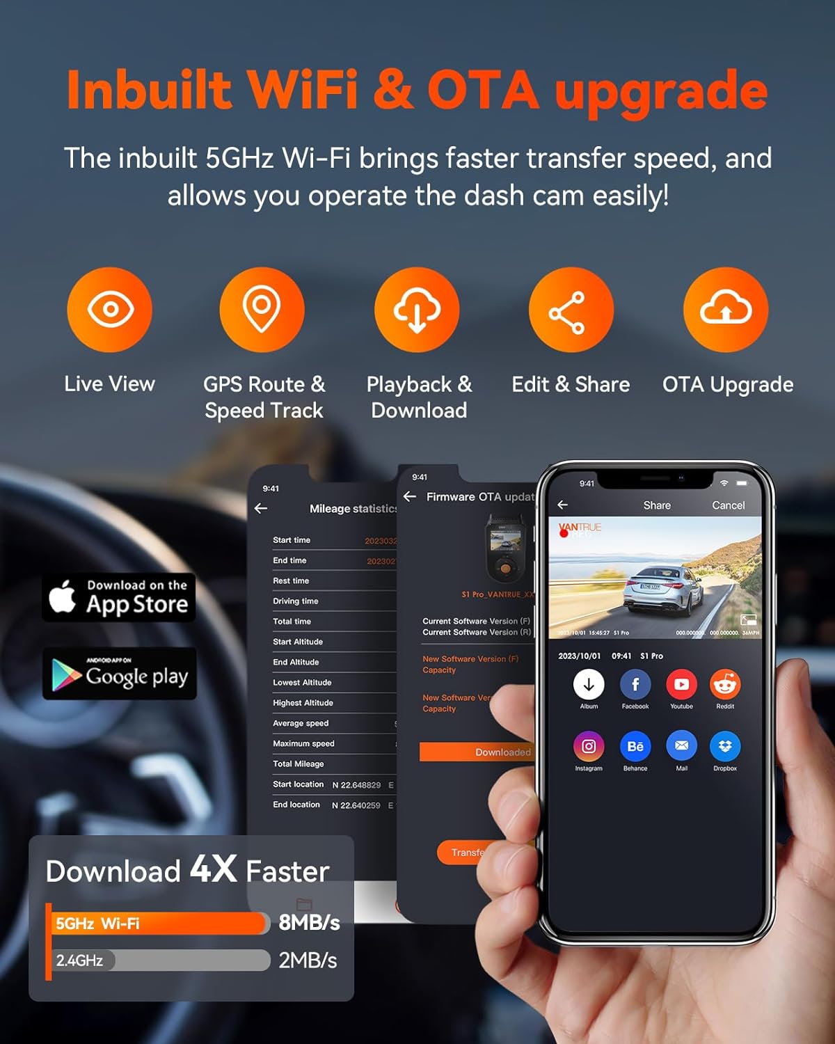 Vantrue S1 Pro 2.7K Front and Rear 5G WiFi Dual Dash Cam.