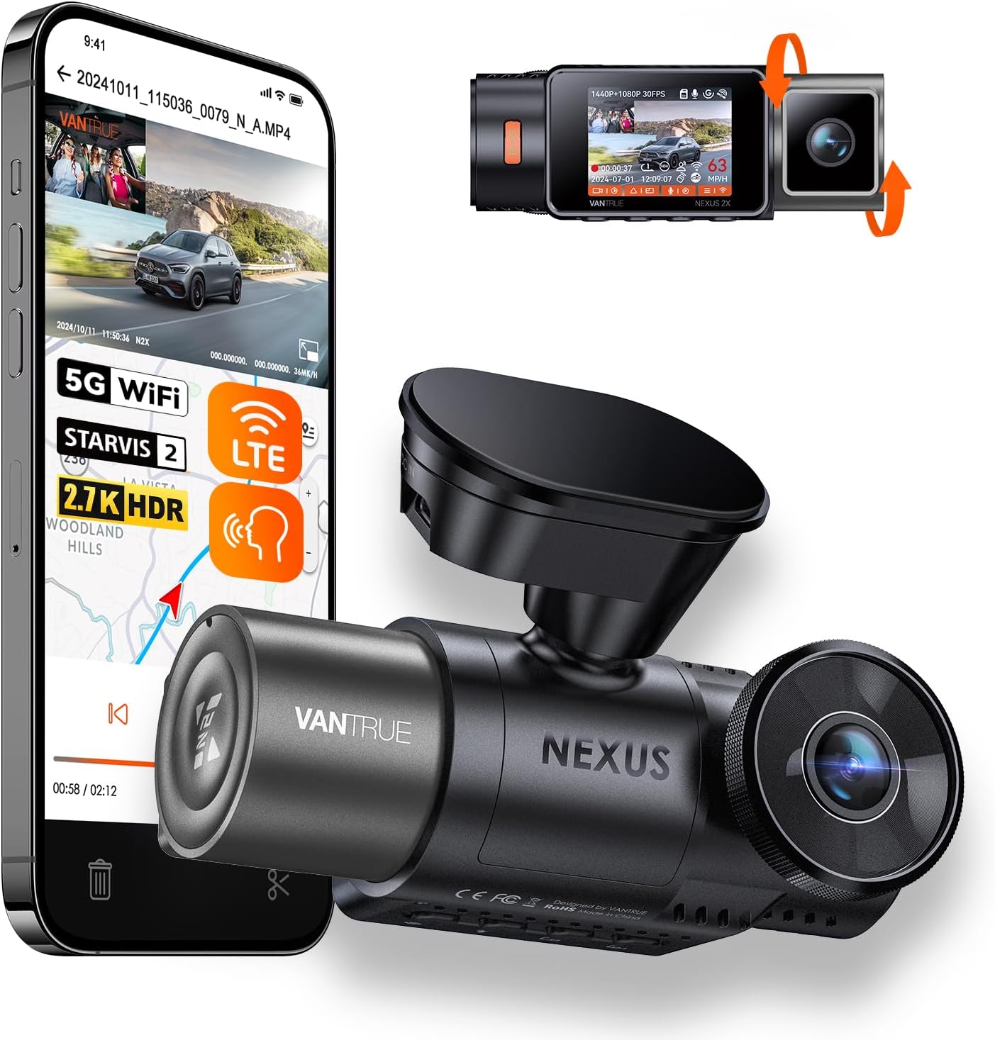 Vantrue N2X 2.7K Front & Interior Dash Cam | WiFi | IR Night Vision | LTE Option.