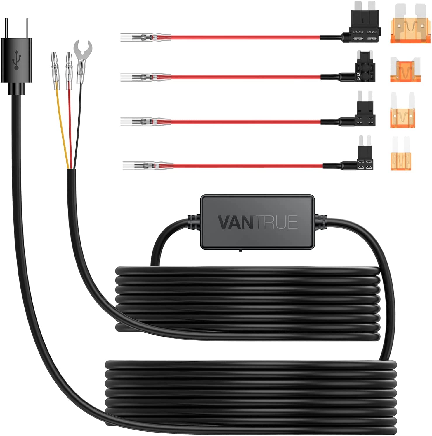 Vantrue USB C Dash Cam Hardwire Kit - 12V to 5V +Fuse Taps (N5,N4,N2 Pro (2023),E1,E2,E3,S2,N2S,X4S,N1 Pro (2023), T3).