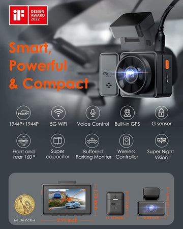 Vantrue E2 2.5K WiFi GPS, Voice Control Front and Rear Mini Car Dual Dash Camera.