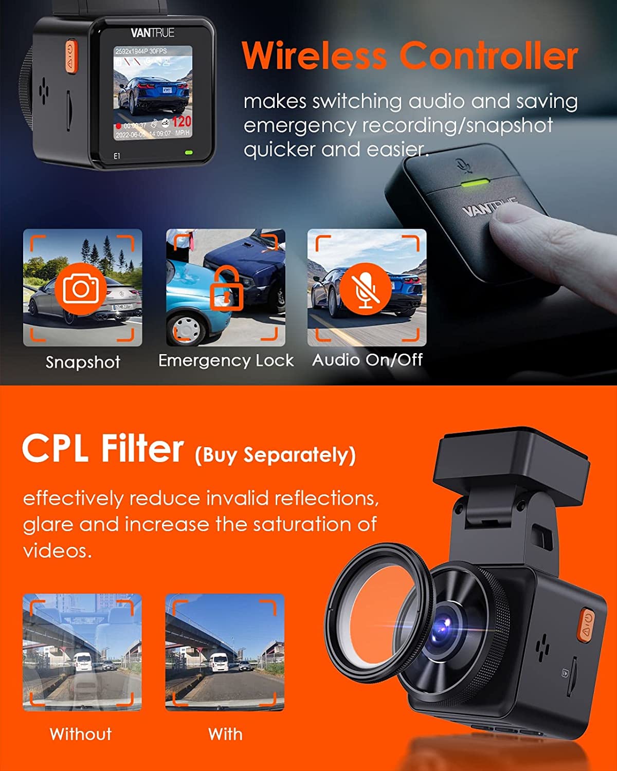 Vantrue E1 2.5K WiFi Mini Dash Cam w/GPS, Parking Mode, Supports 512GB (E1).