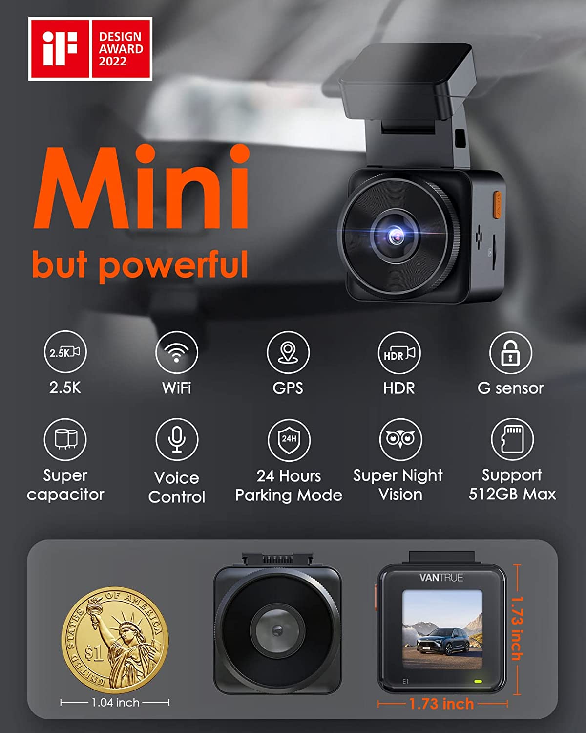 Vantrue E1 2.5K WiFi Mini Dash Cam w/GPS, Parking Mode, Supports 512GB (E1).