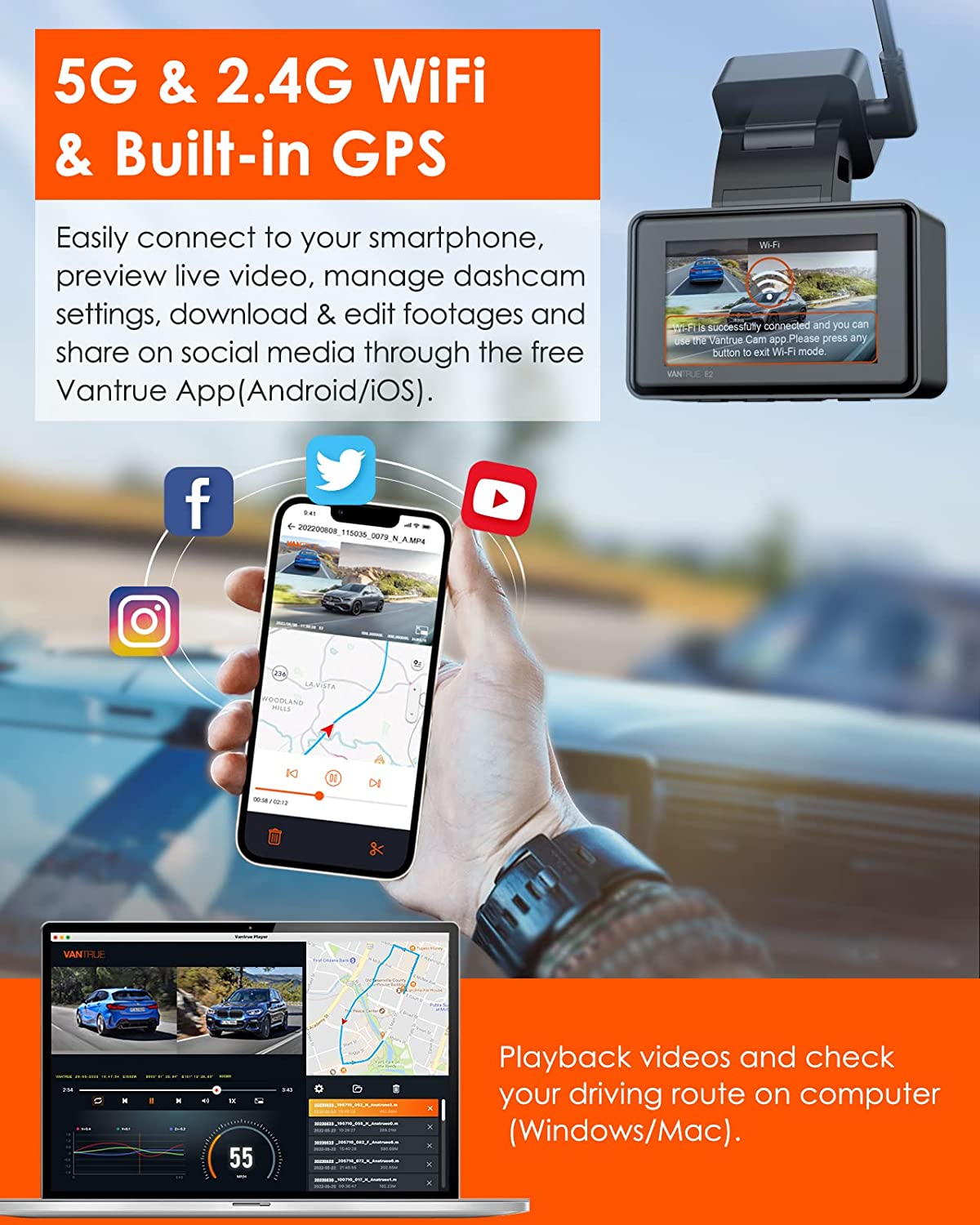 Vantrue E2 2.5K WiFi GPS, Voice Control Front and Rear Mini Car Dual Dash Camera.