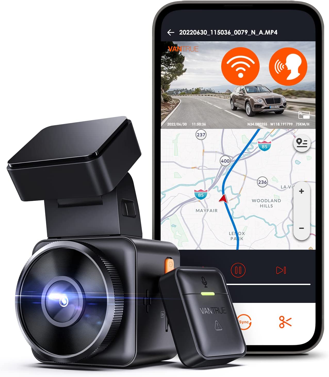 Vantrue E1 2.7K WiFi Mini Dash Cam with GPS and Speed, Voice Control Front Car Dash Camera, 24 Hours Parking Mode, Night Vision, Buffered Motion