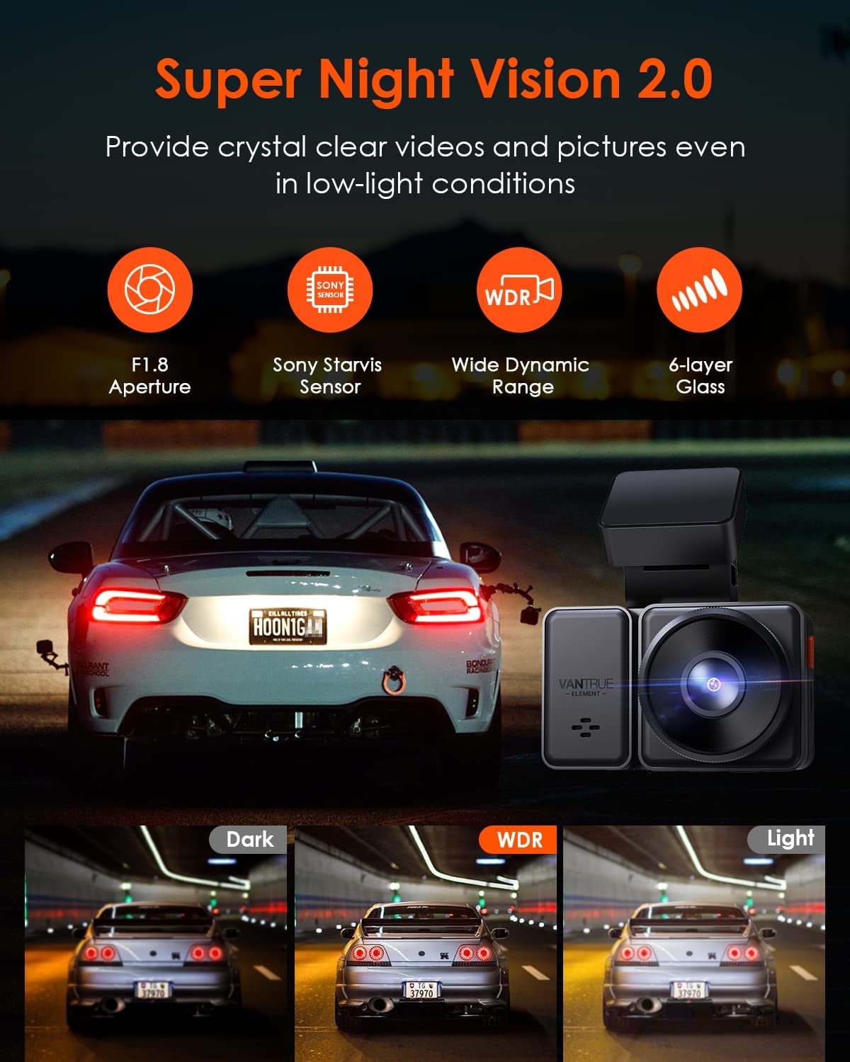 Vantrue E2 2.5K WiFi GPS, Voice Control Front and Rear Mini Car Dual Dash Camera.
