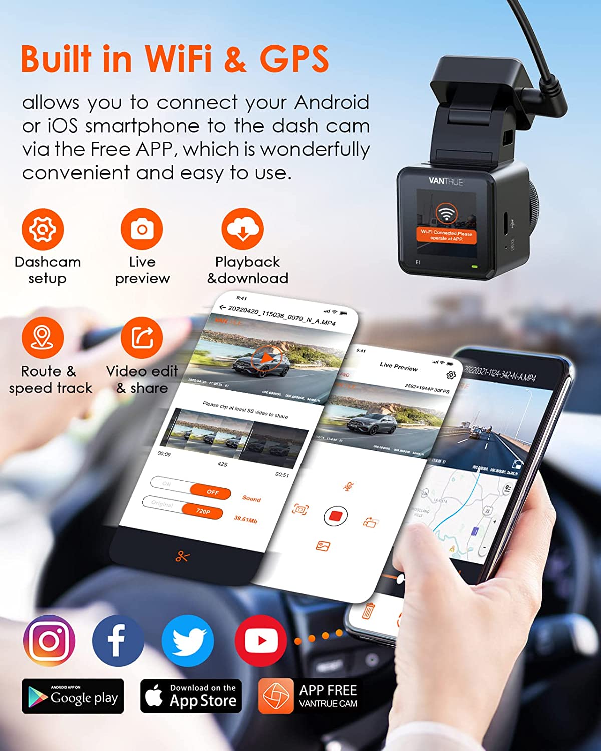 Vantrue E1 2.5K WiFi Mini Dash Cam w/GPS, Parking Mode, Supports 512GB (E1).