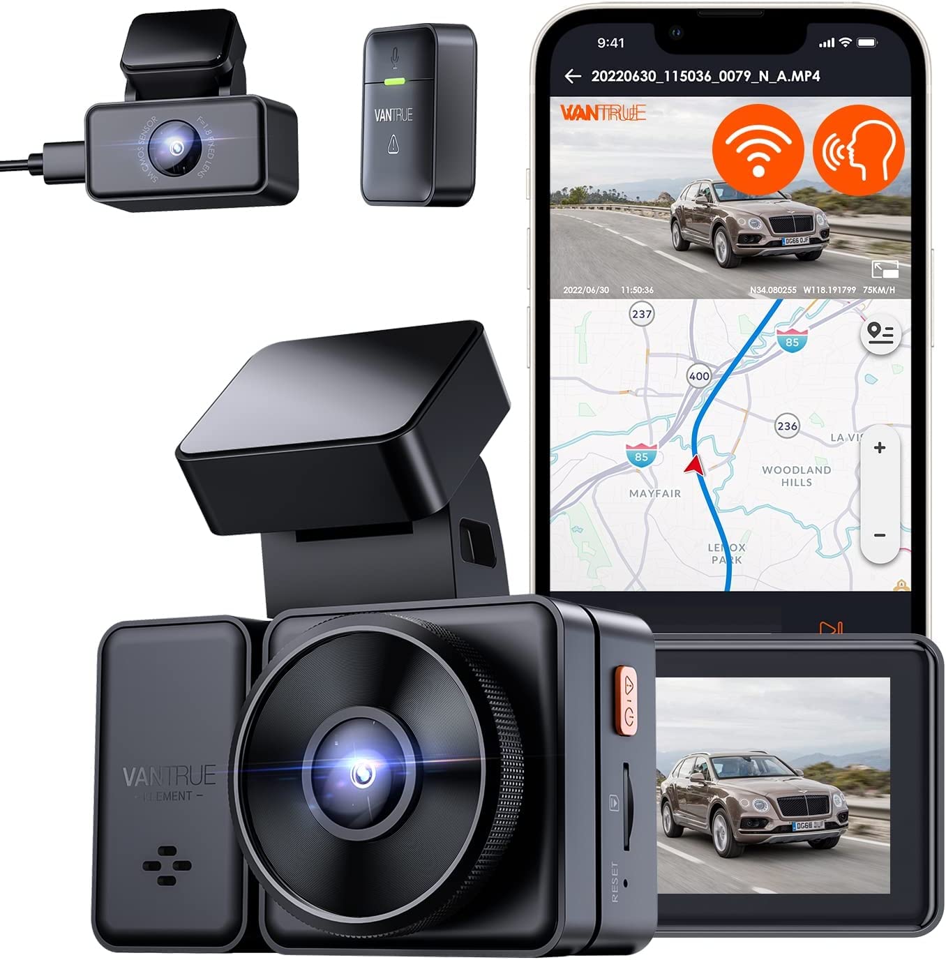 Dash Cam Front and Rear, Dash Camera for Cars WiFi/APP Control Dual Dashcam  W/ 64GB Card, 2.5K Dash Cam Front+1080P Rear Car Camera W/Super Night