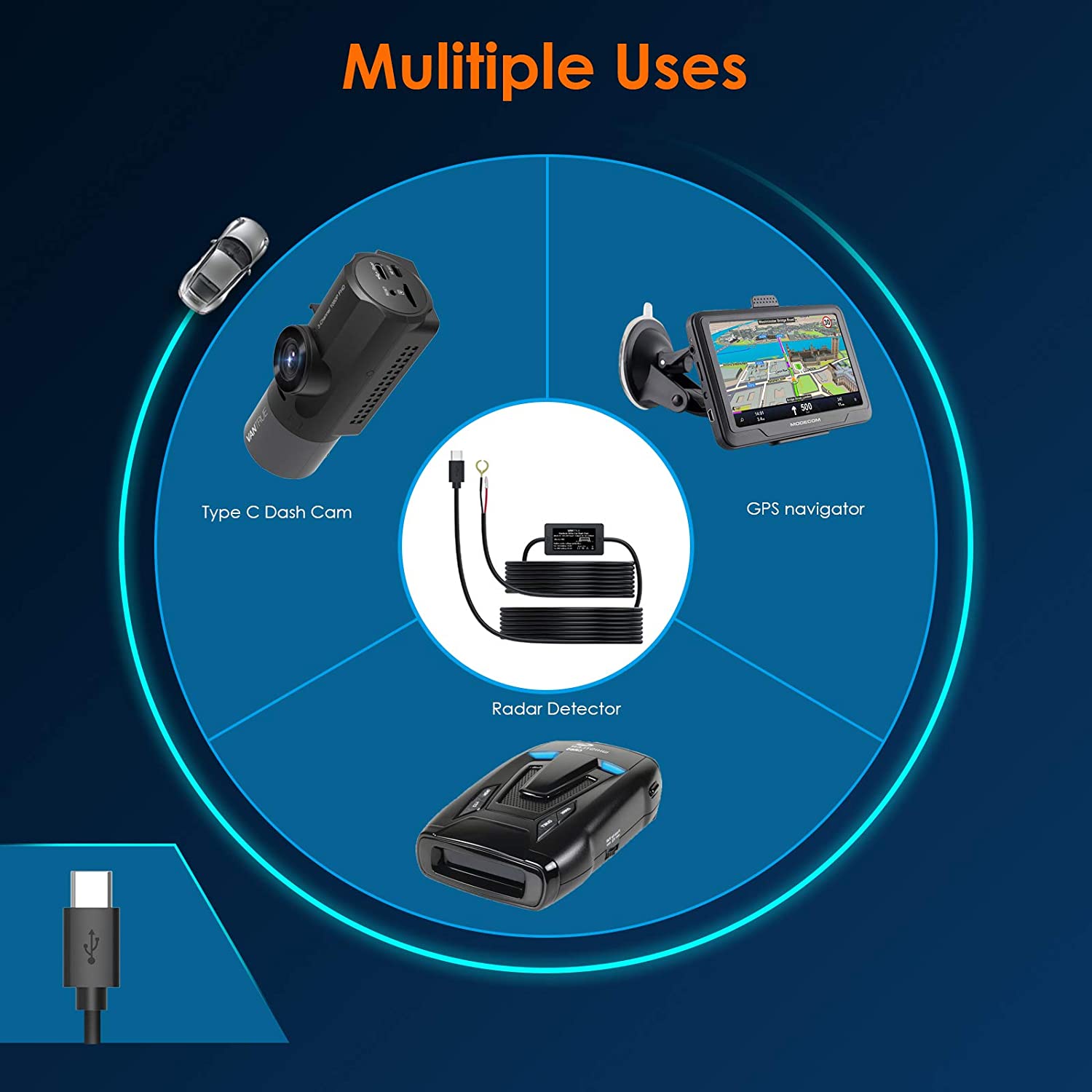 Vantrue USB C Dash Cam Hardwire Kit - 12V to 5V +Fuse Taps (N5,N4,N2 Pro (2023),E1,E2,E3,S2,N2S,X4S,N1 Pro (2023), T3).