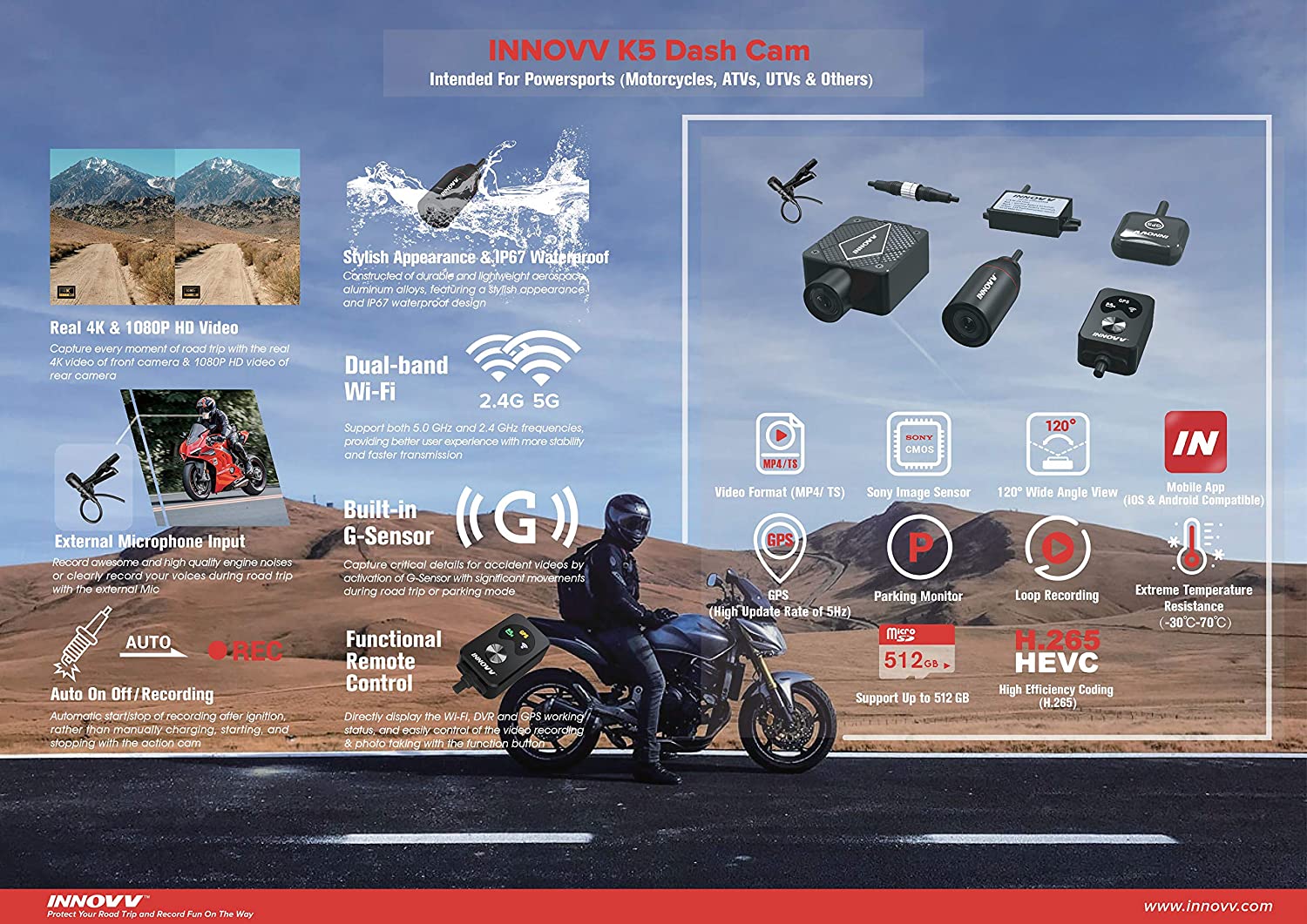 INNOVV K5 Dual Channel Motocam 4K Ultra HD, WiFi, GPS, Parking Mode (256GB).
