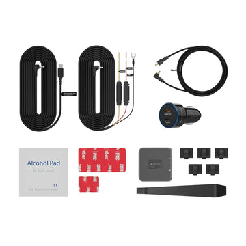 BlackVue Elite 10-2CH included hardwire kit, cables, and accessories laid out