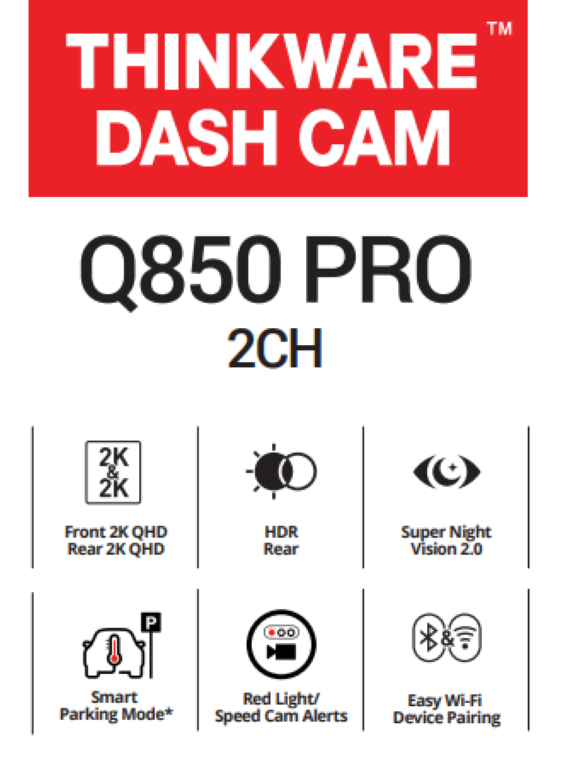 Thinkware Q850 Pro 2CH Dash Cam Front Rear 2K Car Dashboard Camera, WiFi, GPS, Night Vision (64GB).