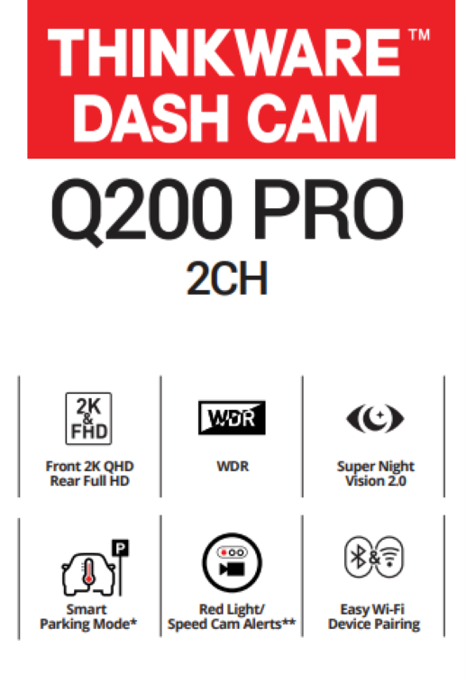Thinkware Q200 Pro 2CH Dash Cam Front Rear 2K Car Dashboard Camera, WiFi, GPS, Night Vision (64GB).