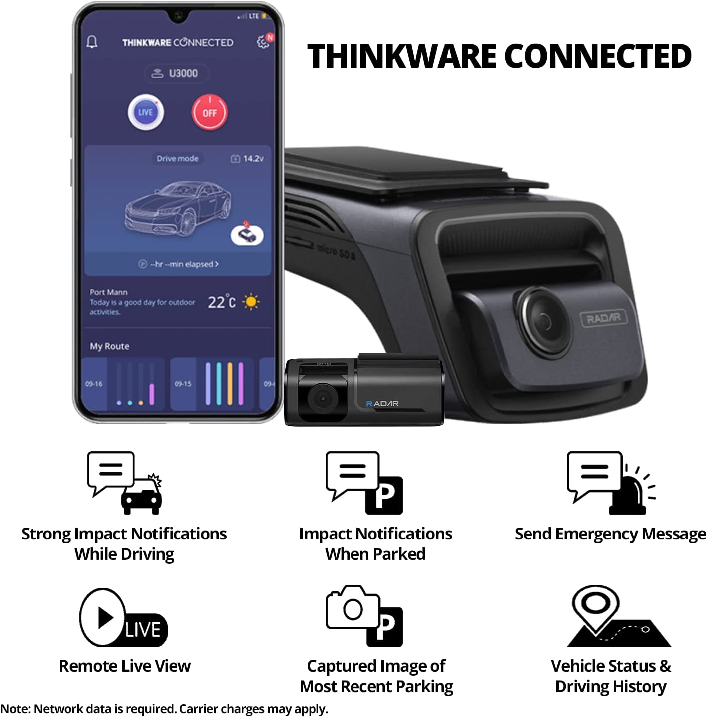 THINKWARE U3000 4K Dash Cam 2CH 5GHZ WiFi GPS Parking Mode OBD Cable - Items