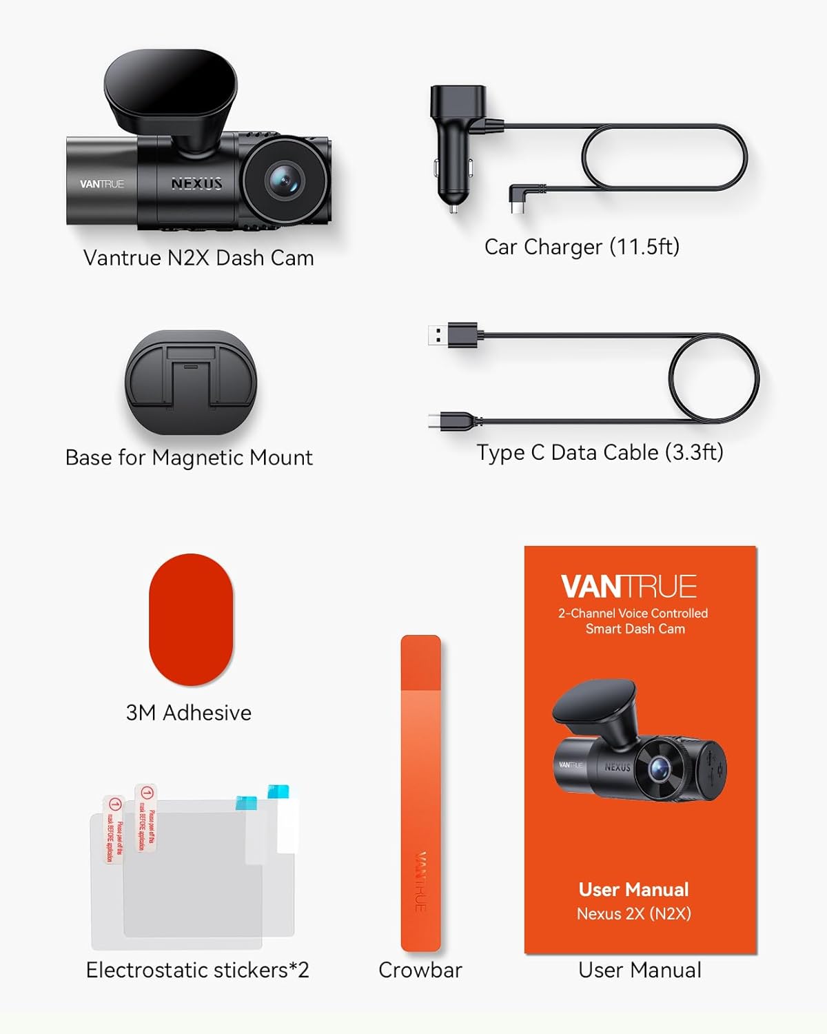 Vantrue N2X 2.7K Front & Interior Dash Cam | WiFi | IR Night Vision | LTE Option - Items