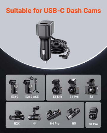 Vantrue 11.5ft Car Charger for USB-C Dashcams