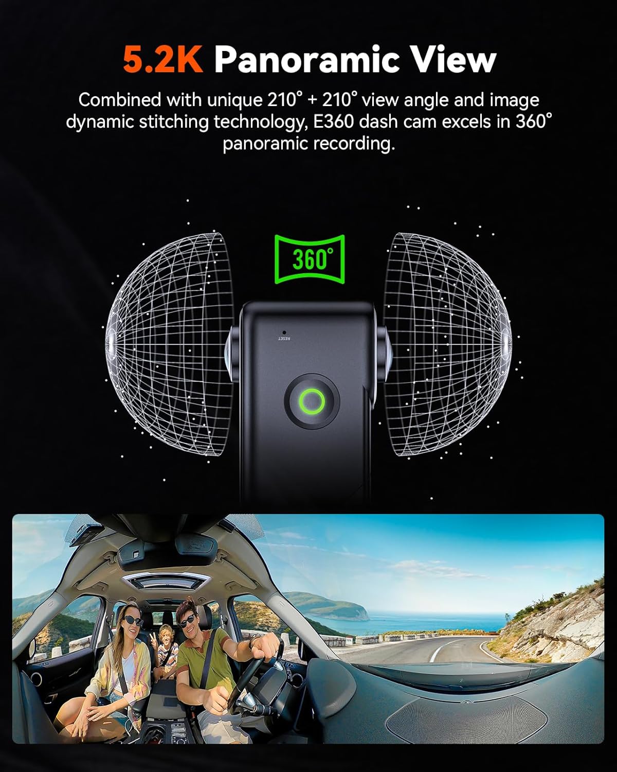 Vantrue E360 5.2K 360° Panoramic Dash Cam, 5GHz WiFi GPS HDR IR Night Vision - Items
