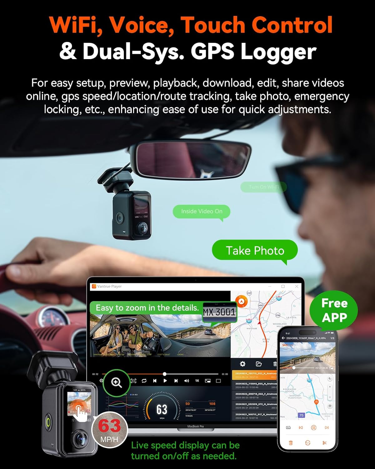 Vantrue E360 ACE 5.2K 360° Panoramic WiFi Dash Cam, Handheld Action Camera - Items