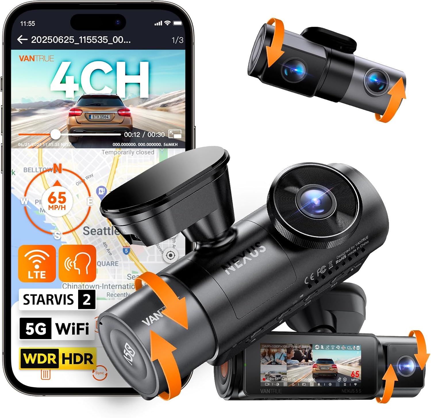 Vantrue Nexus 5S (N5S) 360 Degree WiFi Dashcam GPS LTE Support 1TB Support - Items