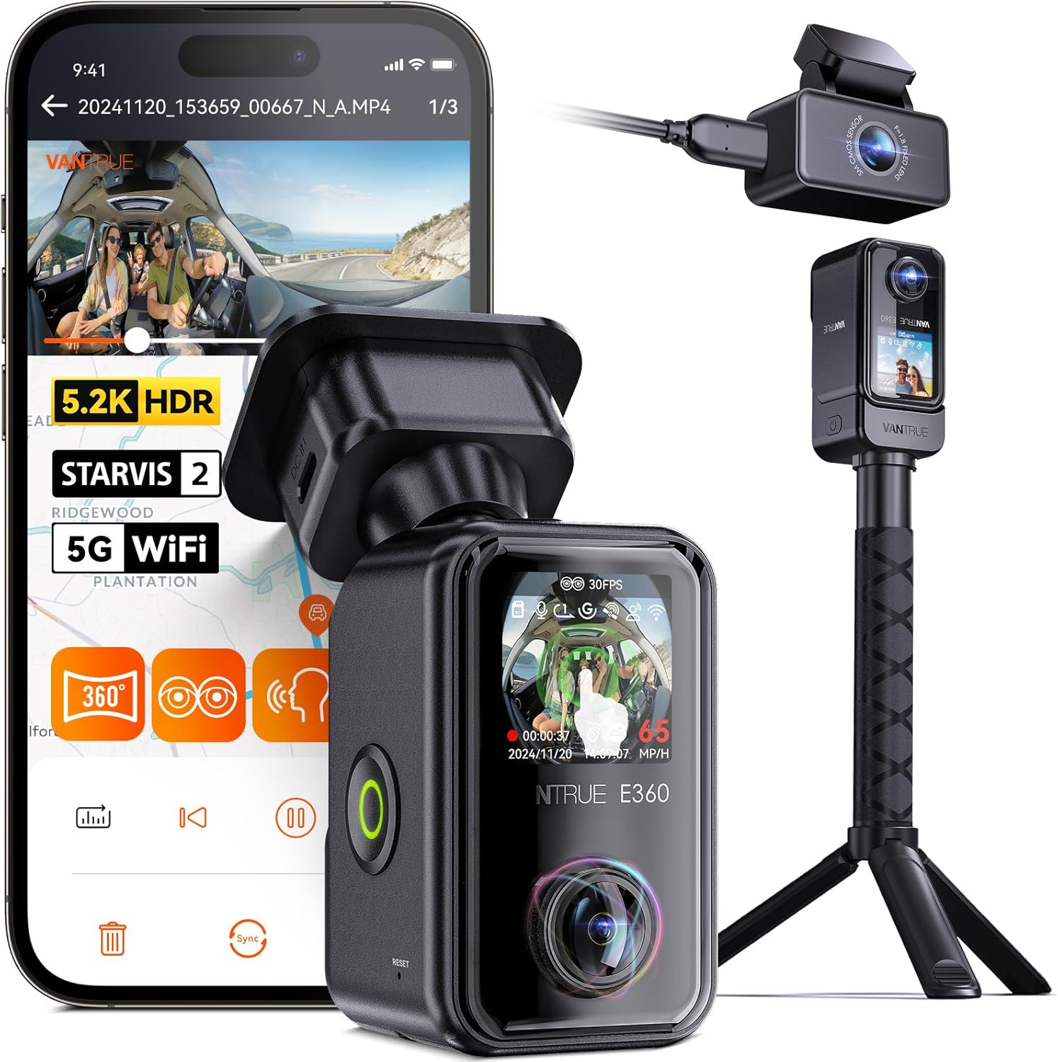 Vantrue E360 ACE 5.2K 360° Panoramic WiFi Dash Cam, Handheld Action Camera - Items