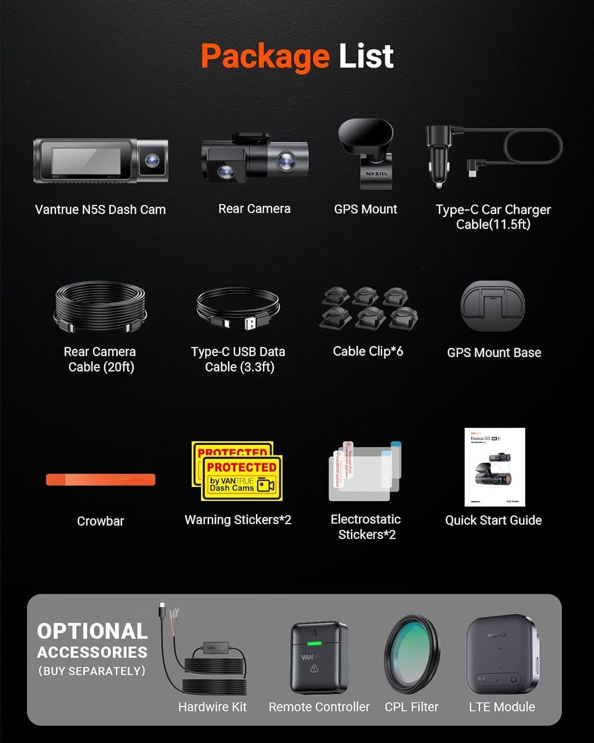 Vantrue Nexus 5 S | N5S | 360 Degree WiFi Dashcam GPS LTE Support 1TB Support - Items