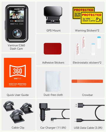 Vantrue E360 5.2K 360° Panoramic Dash Cam, 5GHz WiFi GPS HDR IR Night Vision - Items