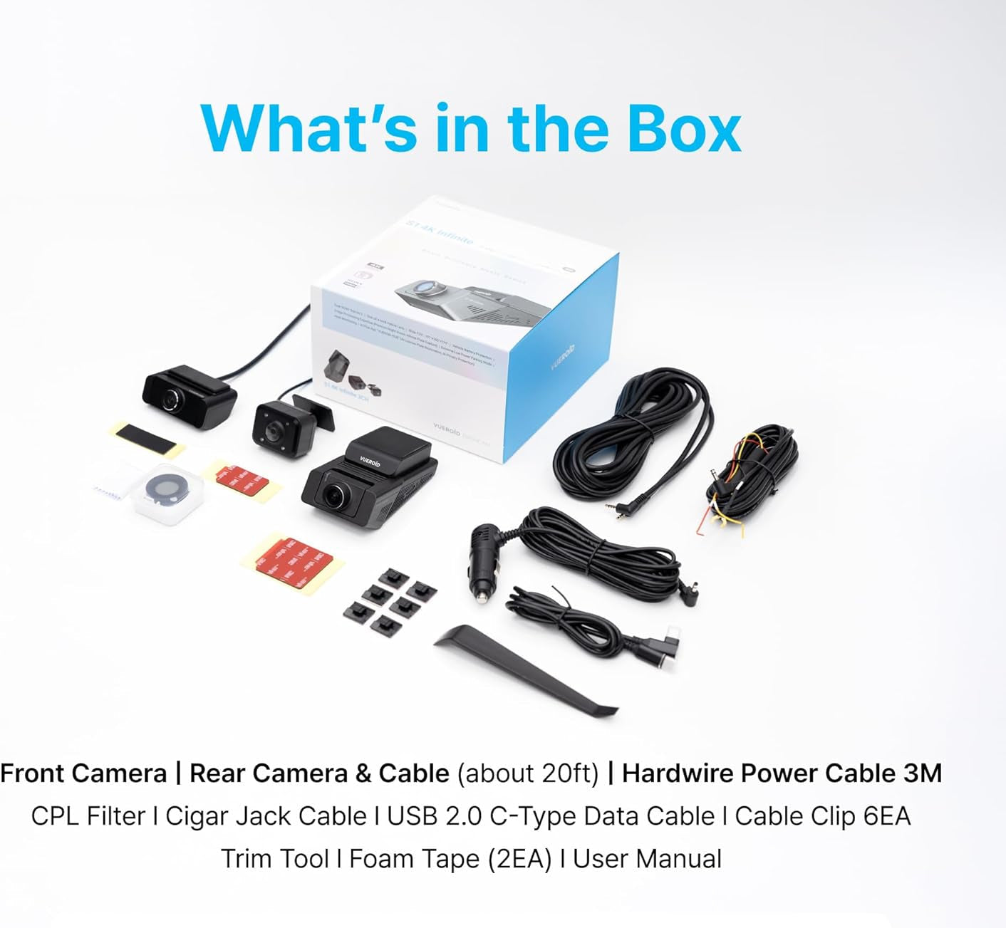 Vueroid S1 Infinite 4K + 2.5K + 2.5K Dashcam Front, Inside, and Rear (3CH) - Items