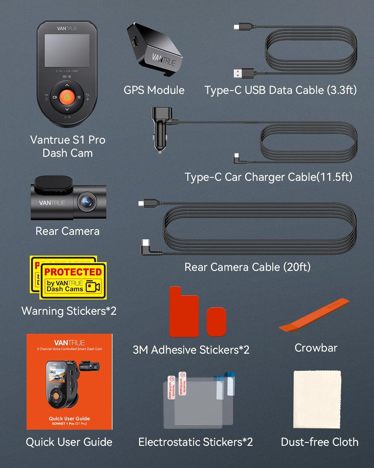 Vantrue S1 Pro 2.7K Front and Rear 5G WiFi Dual Dash Cam - Items