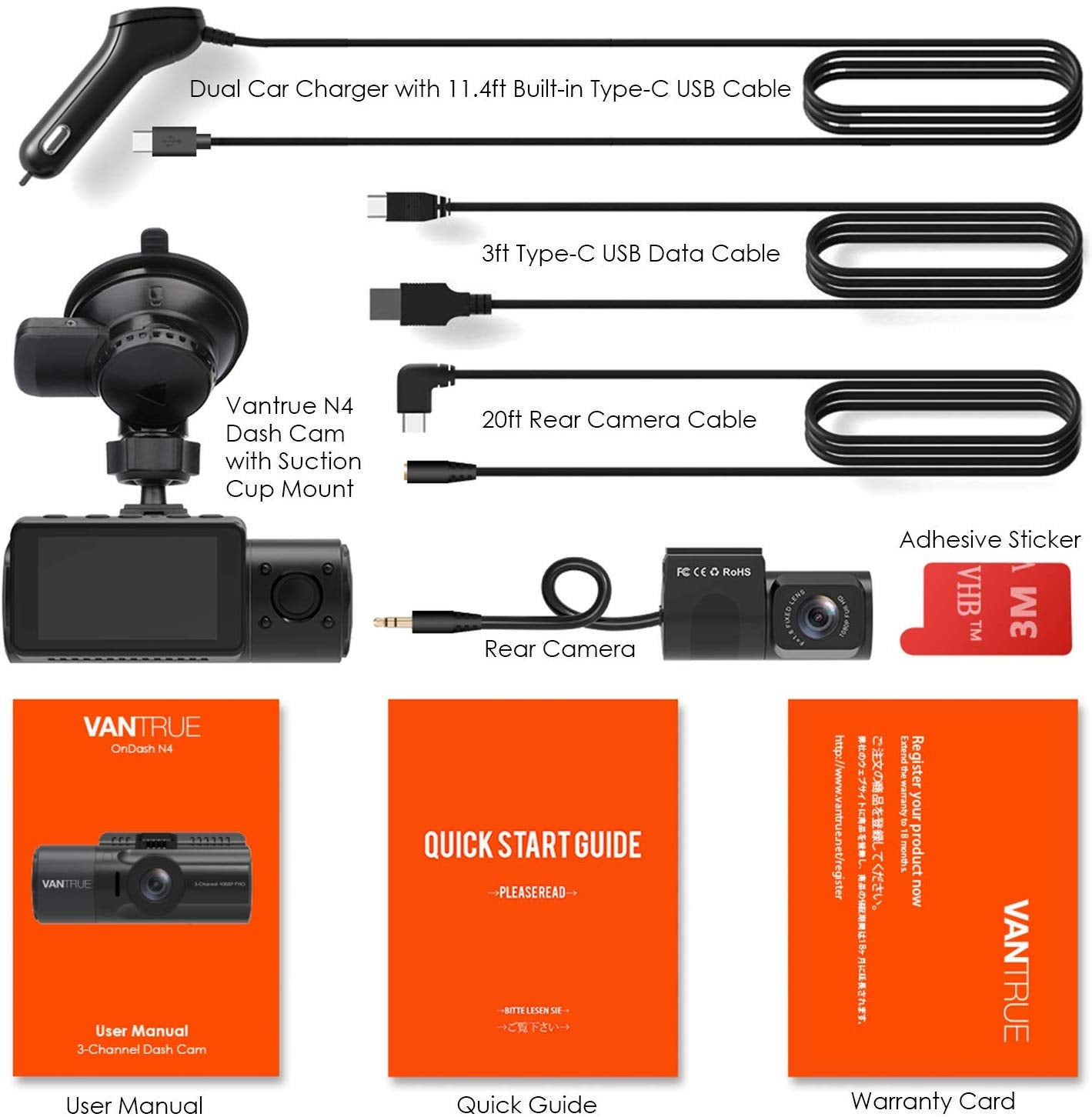 Vantrue N4 Dash Cam 3 Channel 1440P Front & 1080P Inside & 1080P Rear Dash Cam - Items