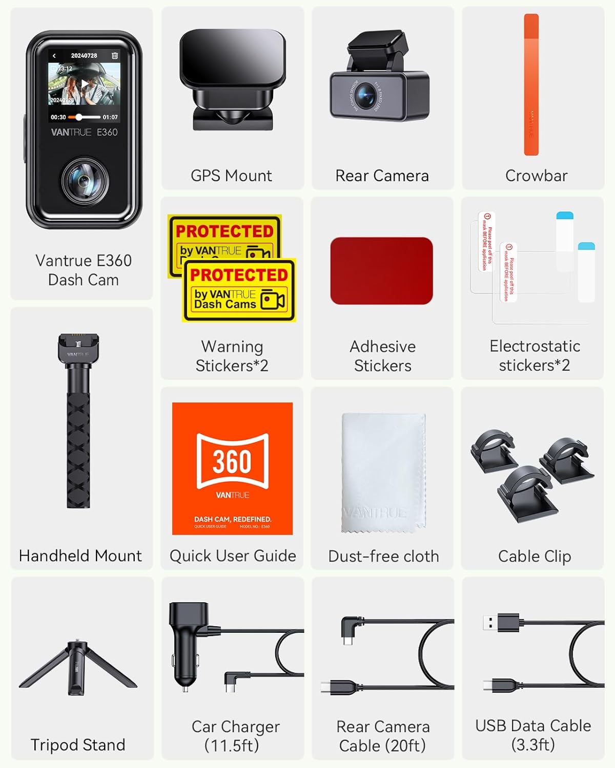 Vantrue E360 ACE 5.2K 360° Panoramic WiFi Dash Cam, Handheld Action Camera - Items