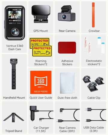 Vantrue E360 ACE 5.2K 360° Panoramic WiFi Dash Cam, Handheld Action Camera - Items