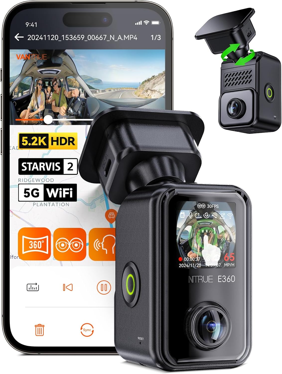 Vantrue E360 5.2K 360° Panoramic Dash Cam, 5GHz WiFi GPS HDR IR Night Vision.
