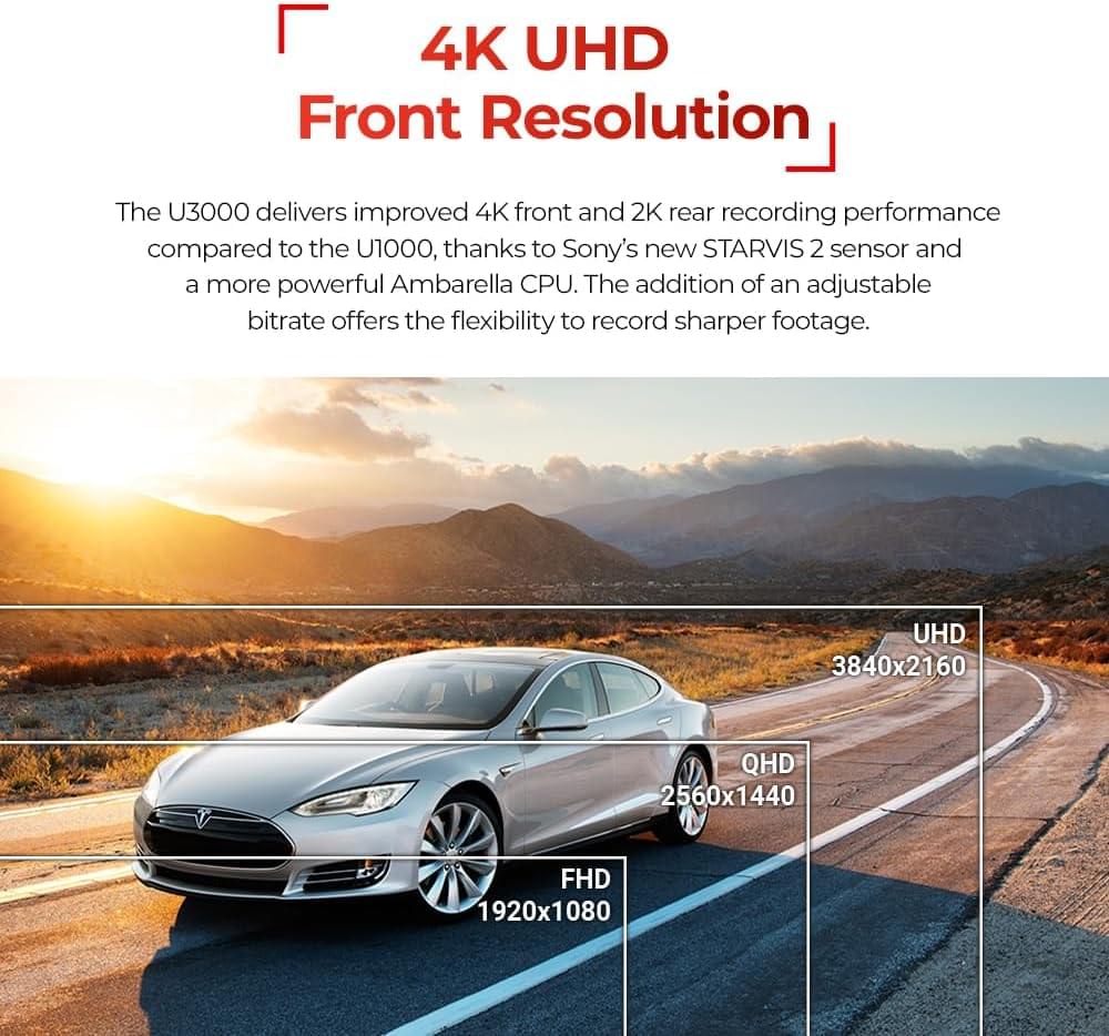 Thinkware U3000 Pro dash cam with 4K front and 2K rear recording.