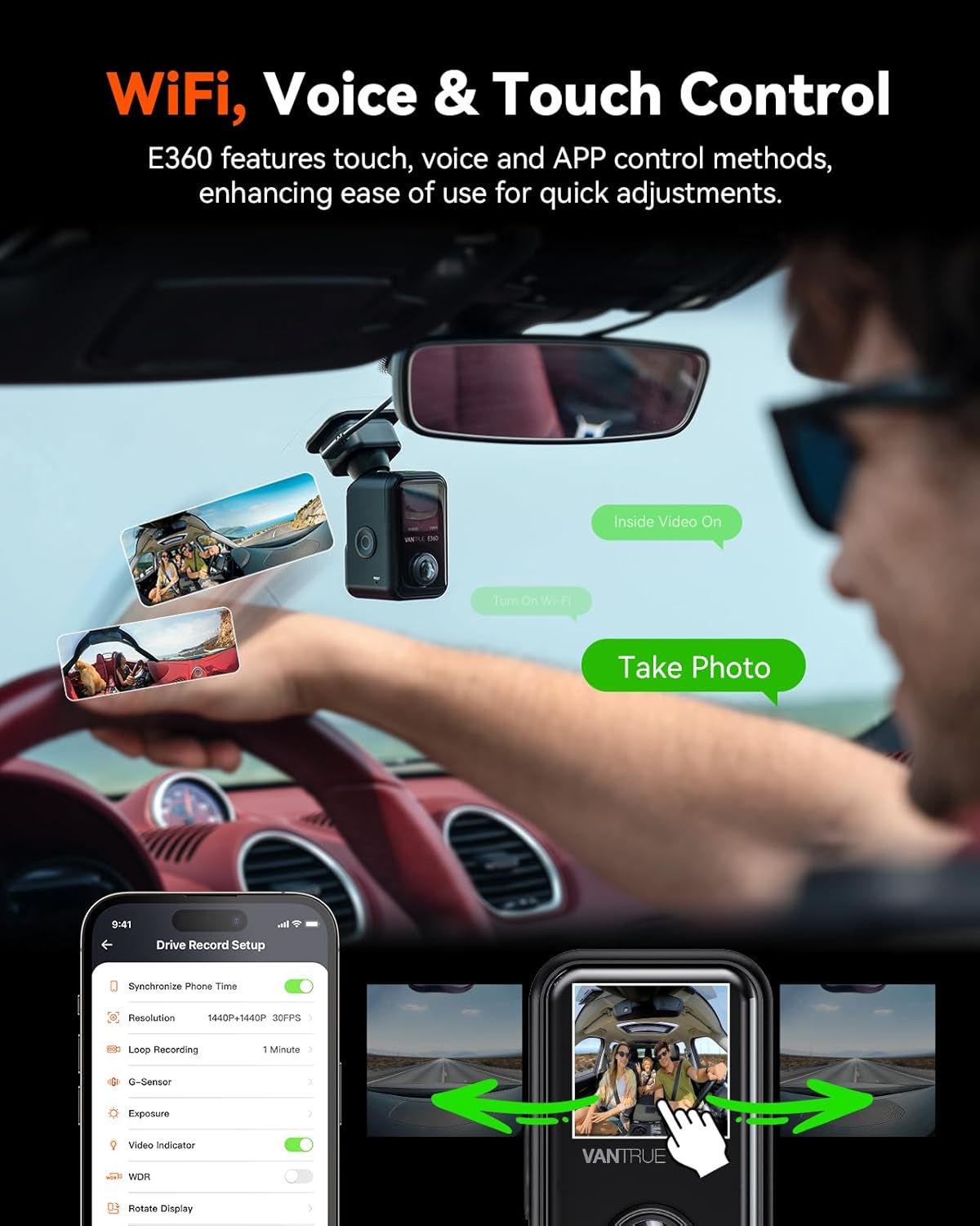 Vantrue E360 5.2K 360° Panoramic Dash Cam, 5GHz WiFi GPS HDR IR Night Vision - Items