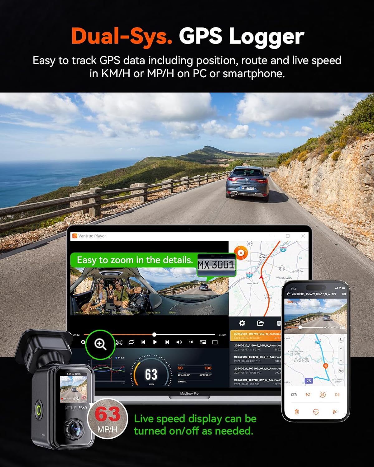 Vantrue E360 5.2K 360° Panoramic Dash Cam, 5GHz WiFi GPS HDR IR Night Vision - Items