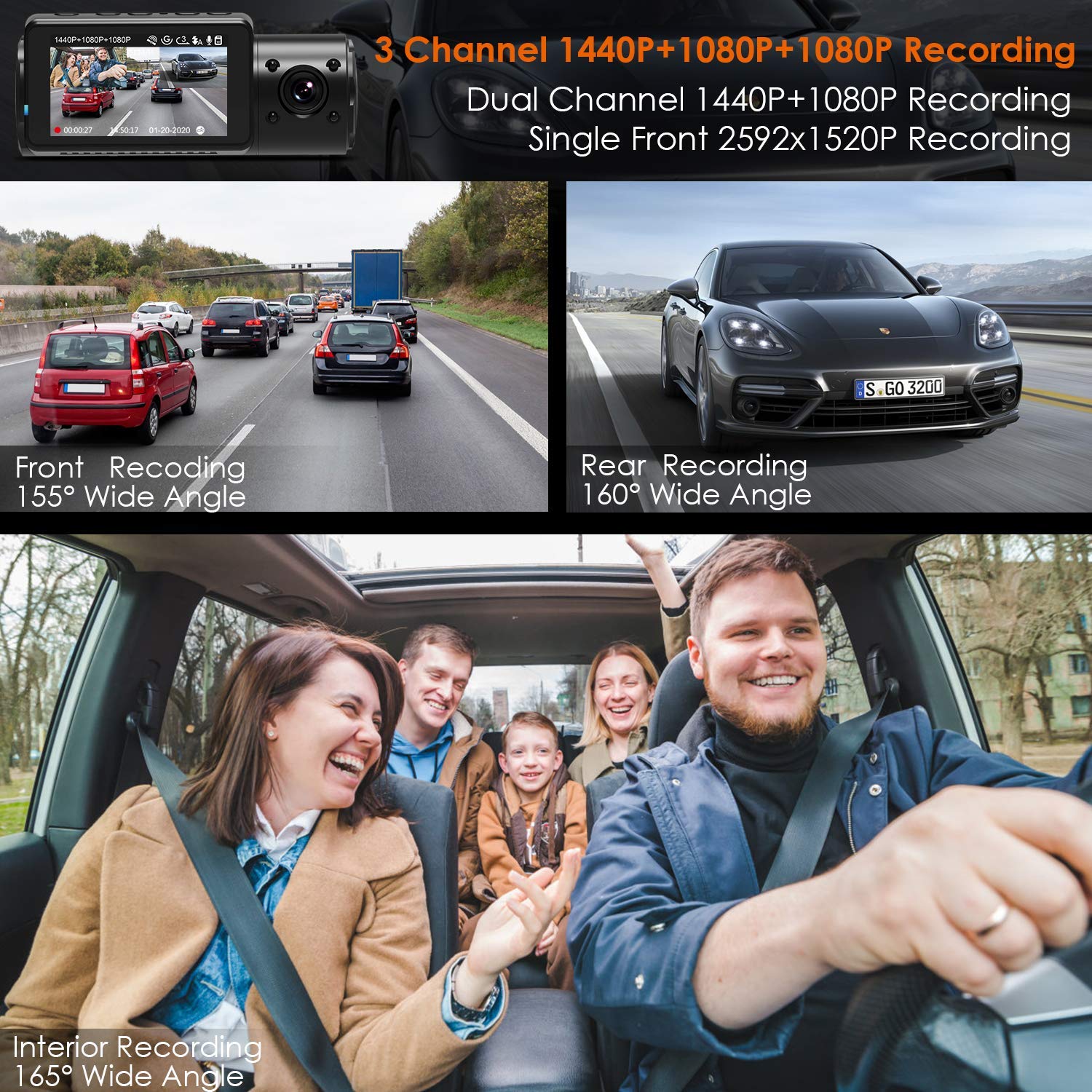 Vantrue N4 Dash Cam 3 Channel 1440P Front & 1080P Inside & 1080P Rear Dash Cam - Items