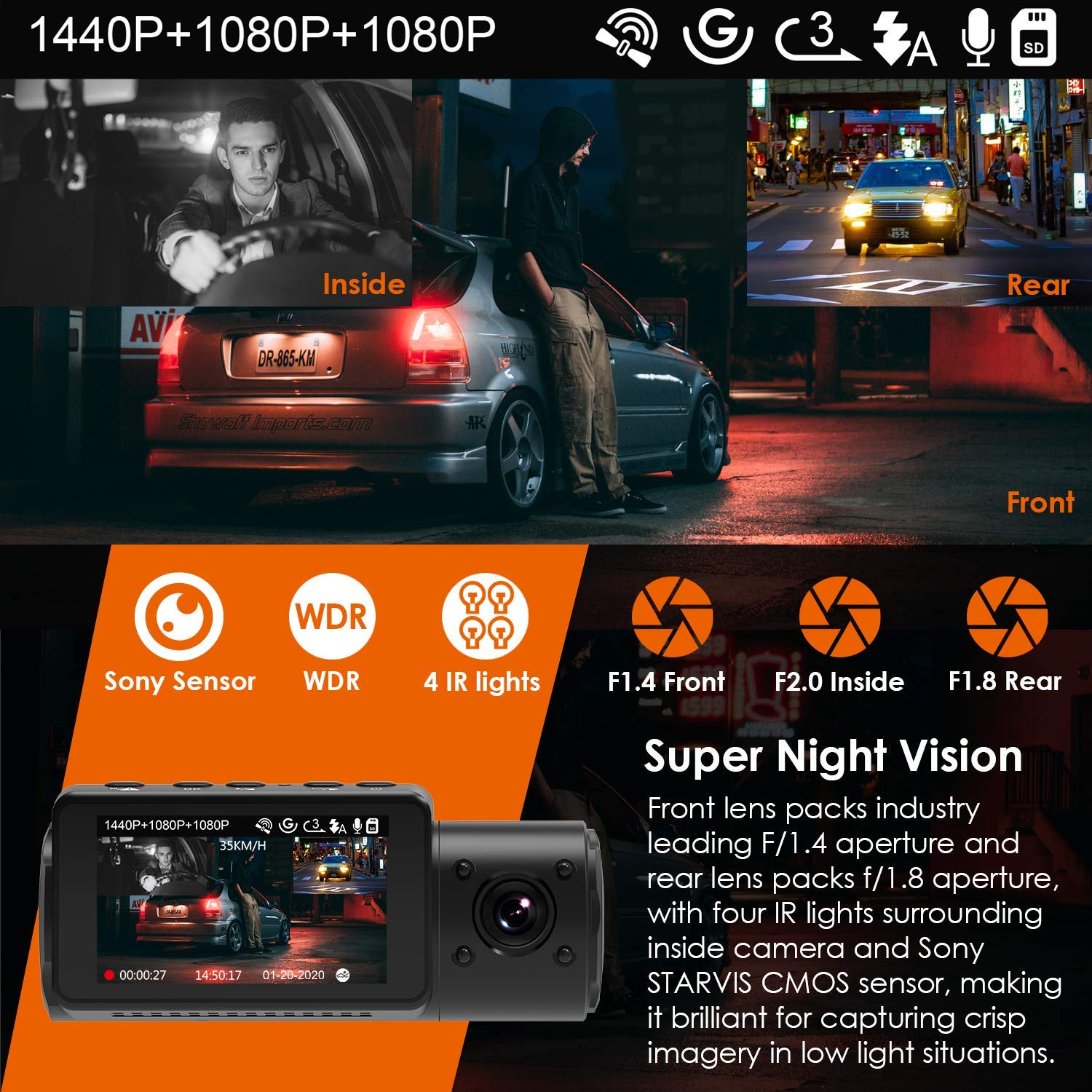 Vantrue N4 Dash Cam 3 Channel 1440P Front & 1080P Inside & 1080P Rear Dash Cam - Items
