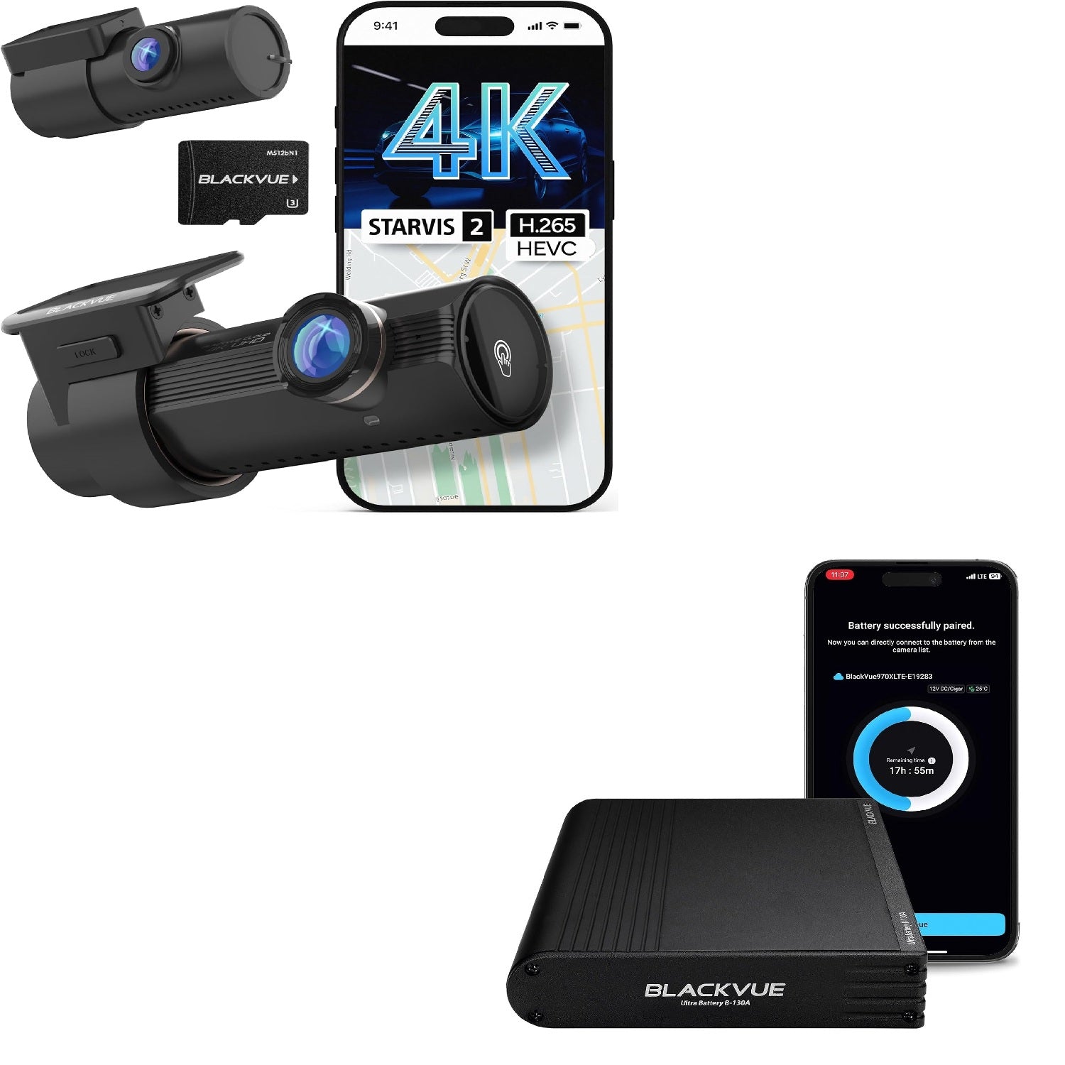 DR970X-2CH Plus II dash cam and B-130A battery pack for enhanced vehicle security and performance