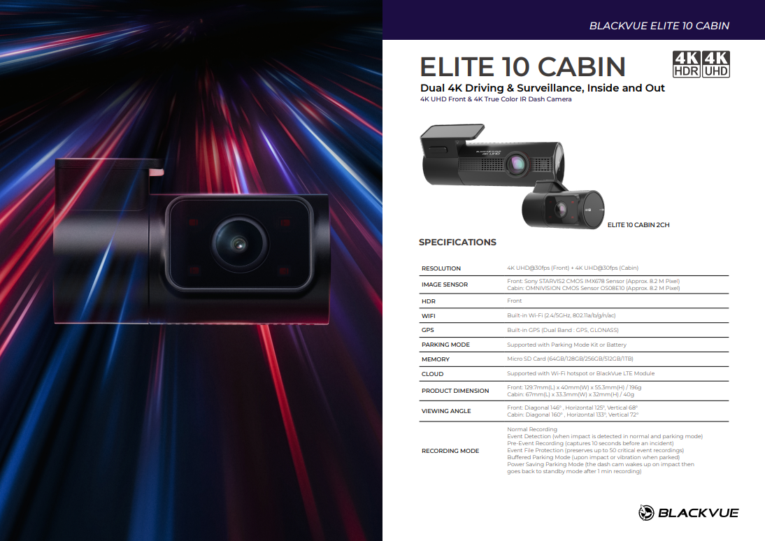 BlackVue Elite 10 Cabin key specifications
