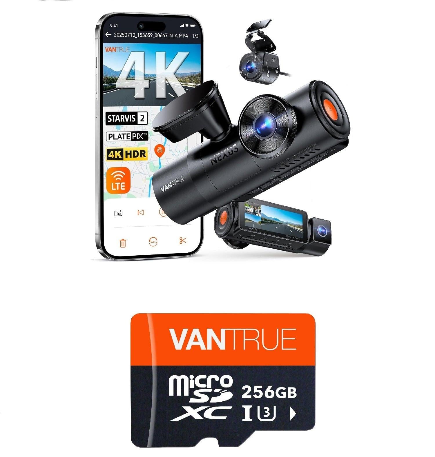 Vantrue N4 Pro S dashcam with Vantrue 256GB MicroSD card for high-capacity, reliable video storage