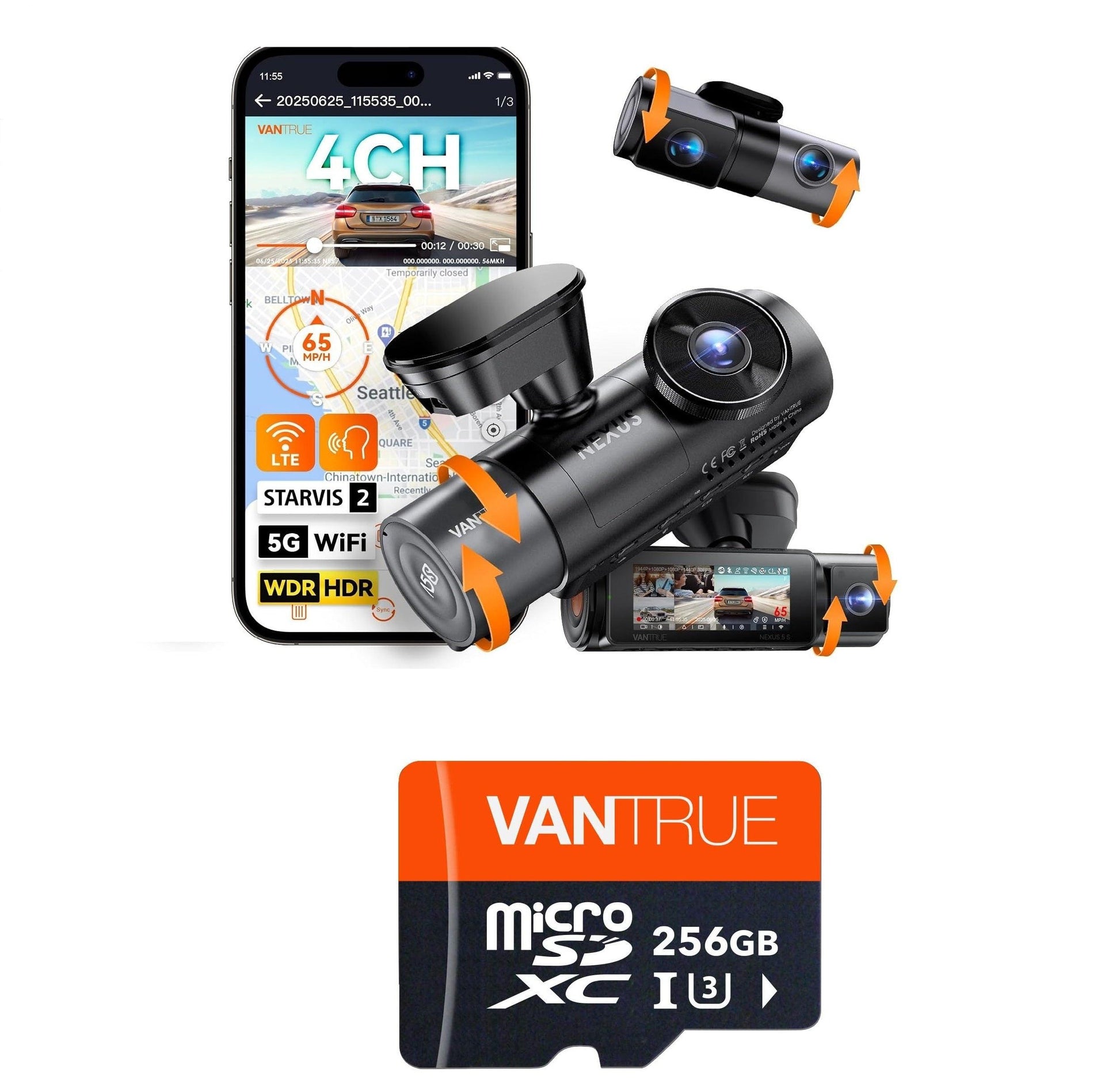 Vantrue N5S dash cam with Vantrue 256GB MicroSD card for extended storage and high-quality video recording