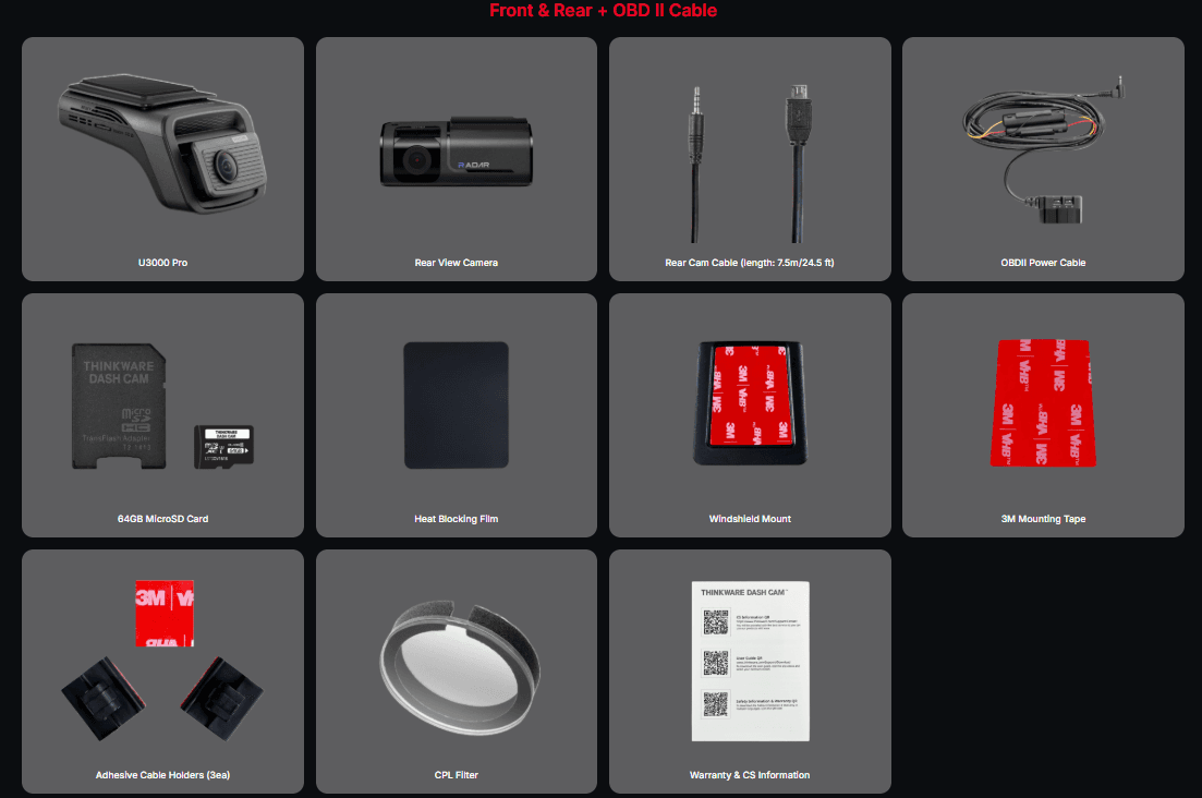 Thinkware U3000 Pro OBD version package contents