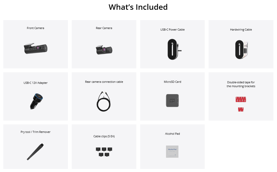 Blackvue Elite 10-2CH 4K Ultra HD Front and Rear Dashcam Optional LTE - Items