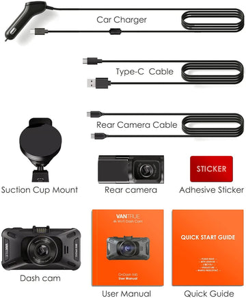 Vantrue X4S Duo 4K WiFi Dual Dash Cam, 4K Front / 1080P Rear , 24/7 Parking Mode, Super Night Vision, Motion Detection, G-Sensor, Supports 256GB Max