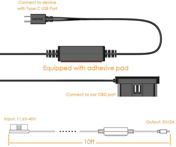 Vantrue 10ft Mini USB OBD Hardwire Charger Cable for Vantrue (N5,N4,S2,E1,E2,E3,N2S, X4S, N2 Pro 2023)