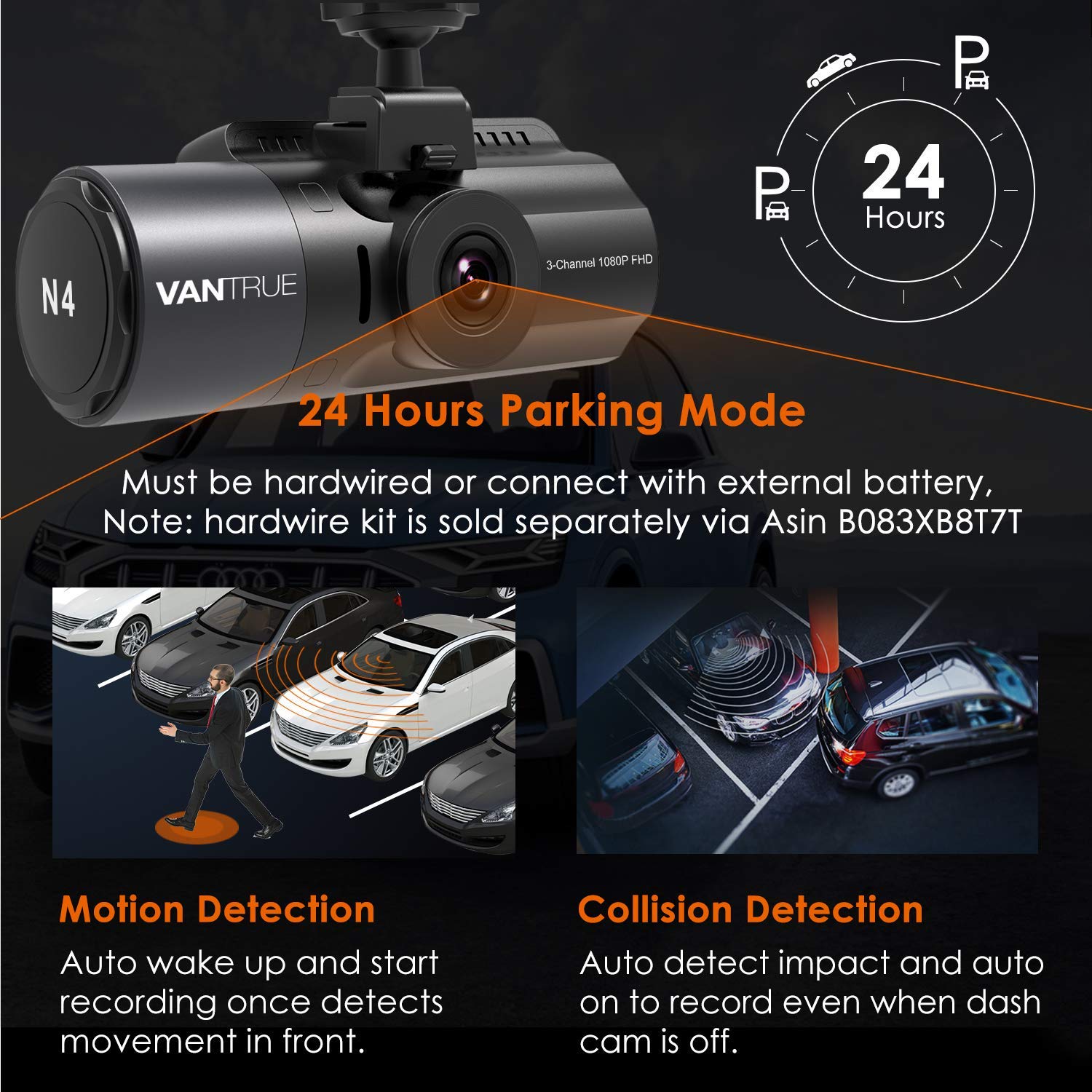 Vantrue N4 Dash Cam 3 Channel 1440P Front & 1080P Inside & 1080P Rear