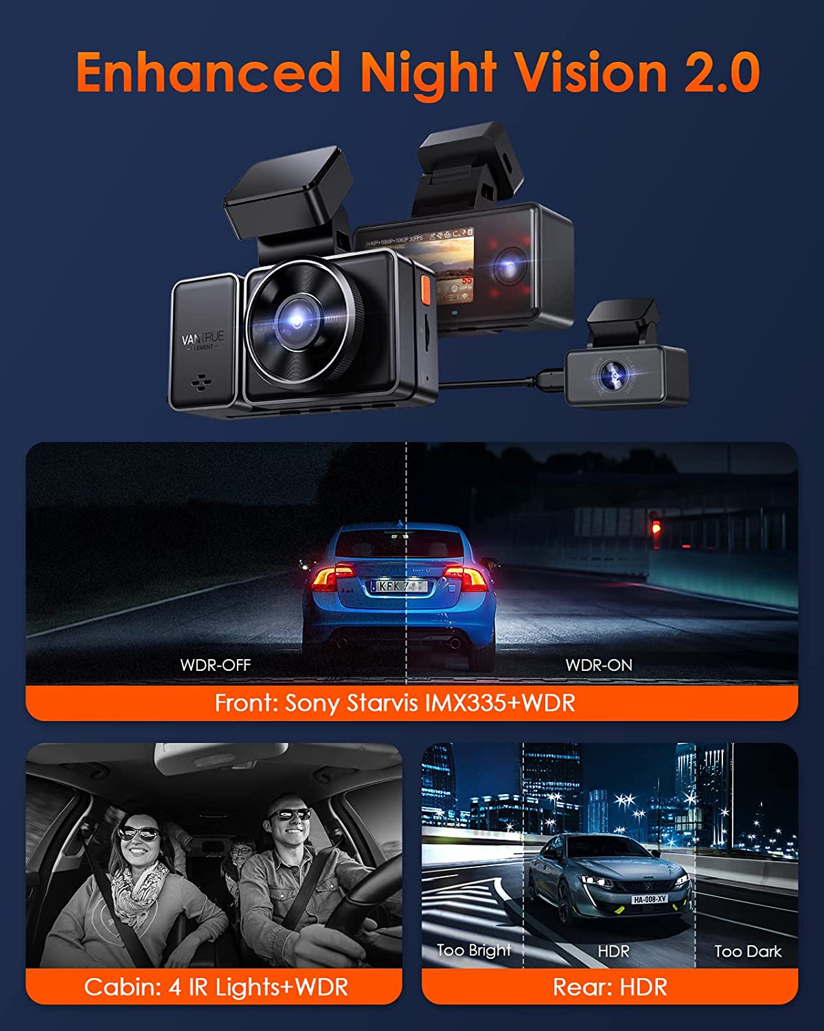 Dash Cam Front and Rear Dash Camera WiFi/APP Control Car Camera Dash Cam  with 64G Card 2.5K Front Dash Cam+1080P Rear Dashcams with Super Night