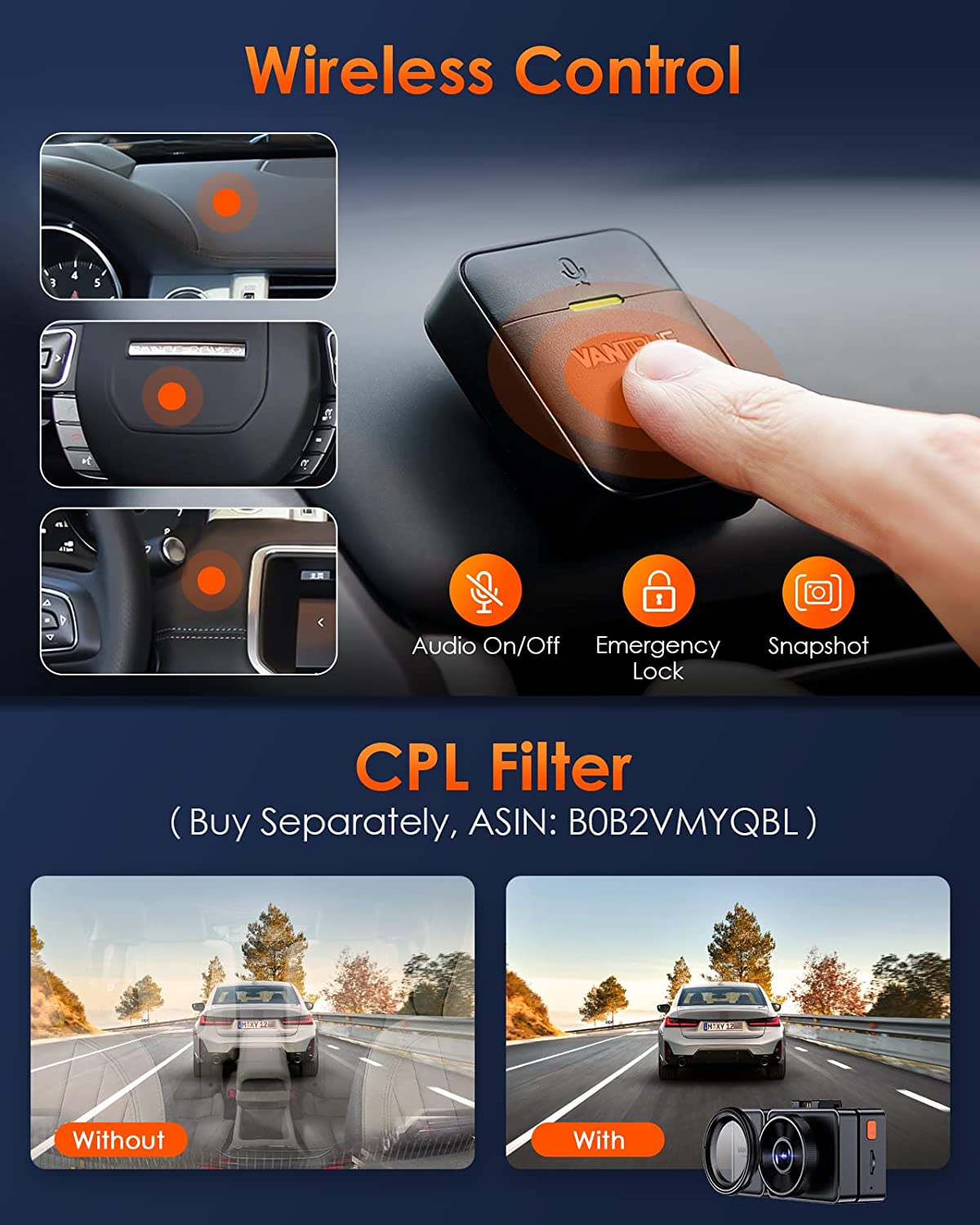 Vantrue E3 2.5K Channel Front and Rear Inside Dash Cam, Way WiFi G