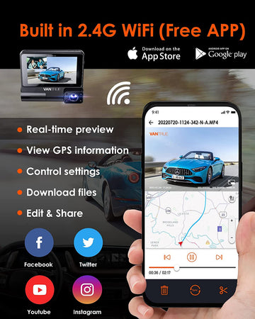 Vantrue 2 Channel WiFi Uber Dual Dash Cam,GPS,Night Vision, Touch Screen(S2-2CH)